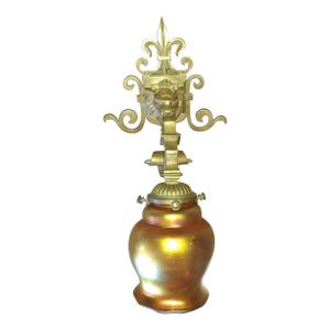 1930's French Art Deco Heavy Bronze Lion Mask - Fleur De Lis/ Steuben Gold Aurene Wall Sconce