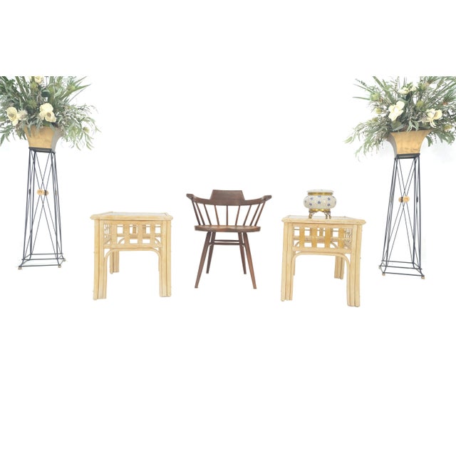 Pair of White Wash Pickle Finish Rattan Rectangle Glass Top End Side Tables MINT For Sale - Image 12 of 12