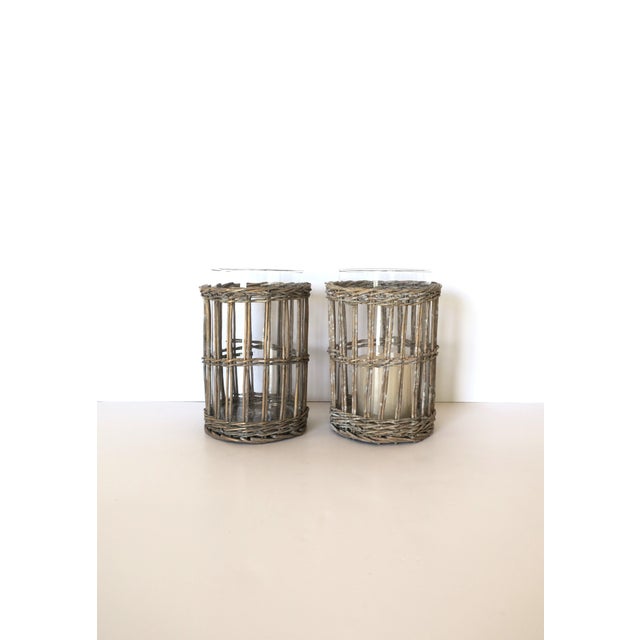 Late 20th Century Wicker and Glass Hurricane Candle Lamps, Pair For Sale - Image 4 of 7