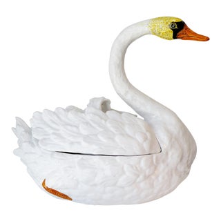 1960s Bassano Italian Glazed Ceramic Figural Swan Soup Tureen For Sale