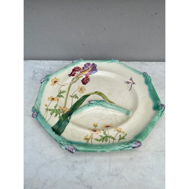 Art Nouveau 19th French Majolica Asparagus Plate Iris Longchamp For Sale - Image 3 of 9