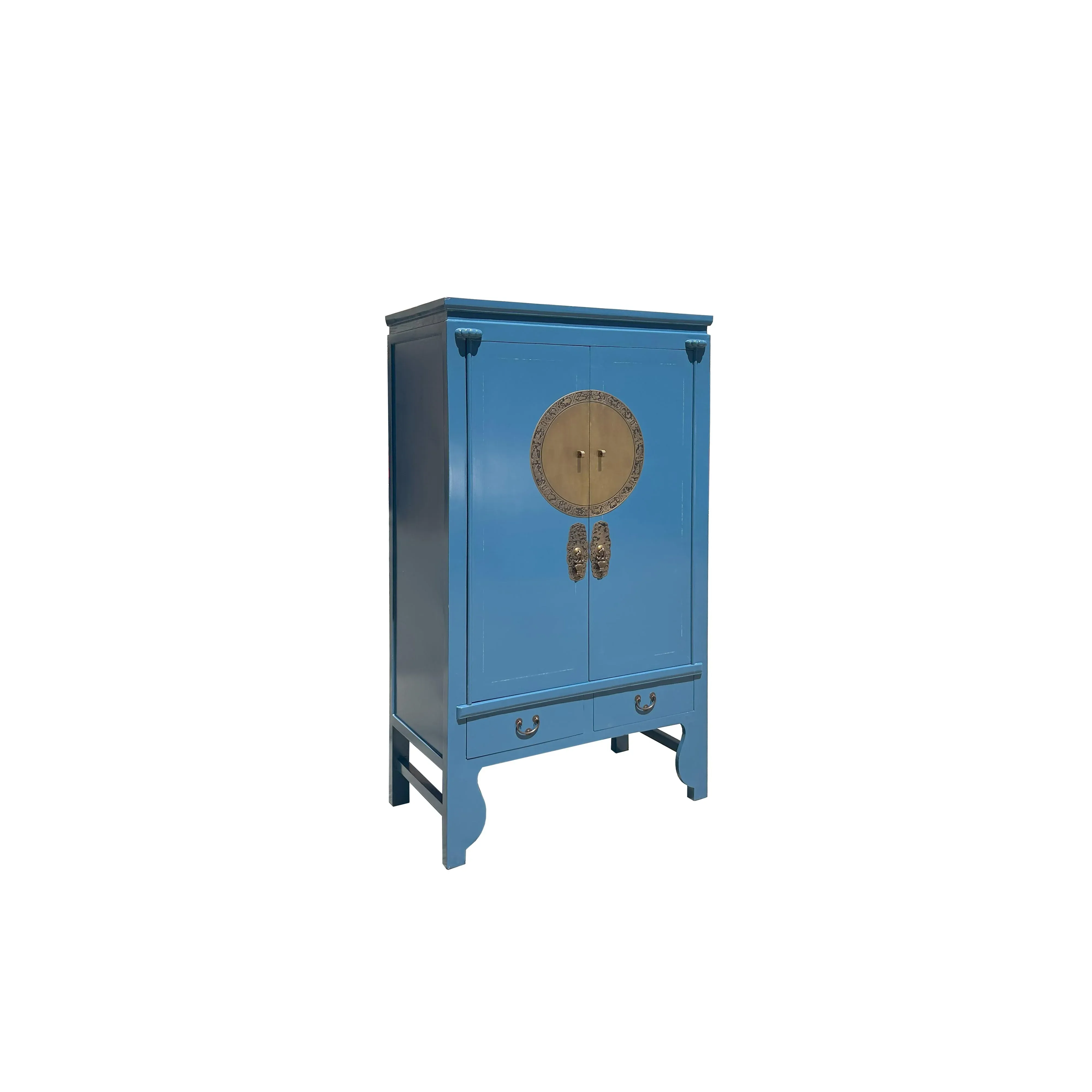 Chinese Oriental Mid Blue Zodiac Moon Face Tall Wedding Armoire