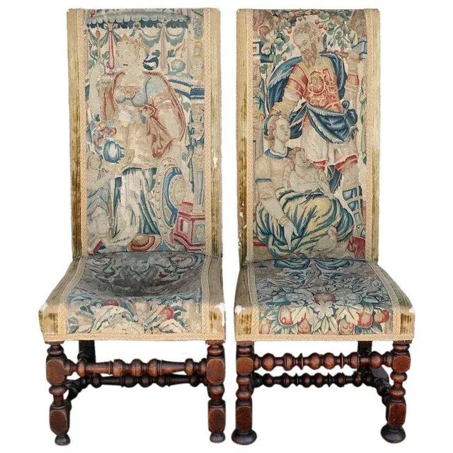Two English Walnut and Flemish Tapestry Upholstered Tall Back Hall Chairs - a Pair For Sale - Image 13 of 13