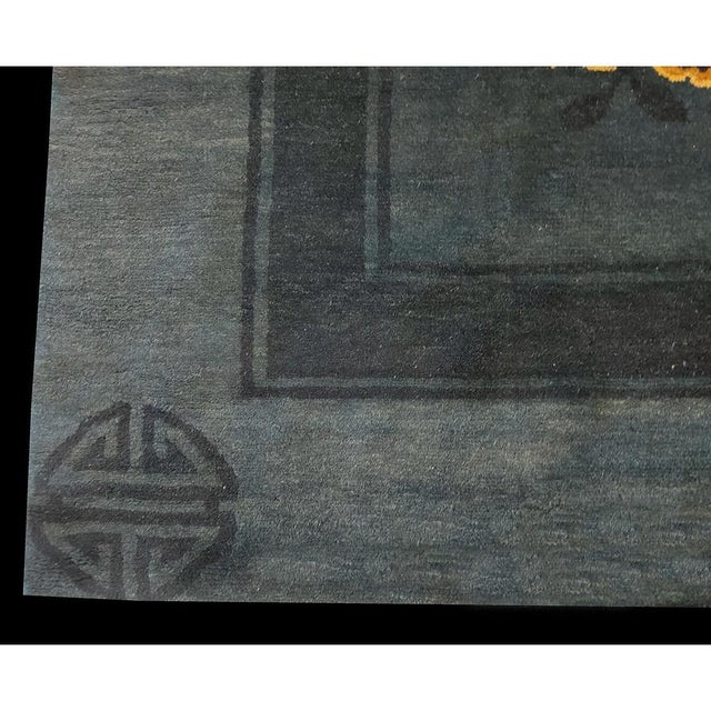 1930s Blue Solid Shou Symbols Floral Antique Chinese Peking Knotted Wool Rug For Sale - Image 9 of 10