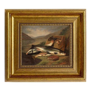 Atlantic Salmon and Brown Trout Canvas Print in Antiqued Gold Frame, 8-1/2" X 9-1/2" For Sale