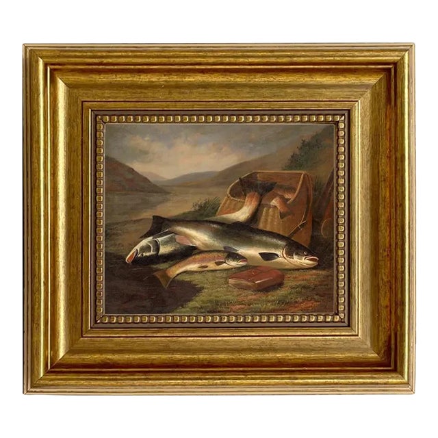 Atlantic Salmon and Brown Trout Canvas Print in Antiqued Gold Frame, 8-1/2" X 9-1/2" For Sale