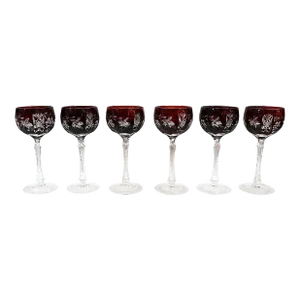 1940s Bohemian Cut-To-Clear Crystal Wine Stem Goblets - Set of 6