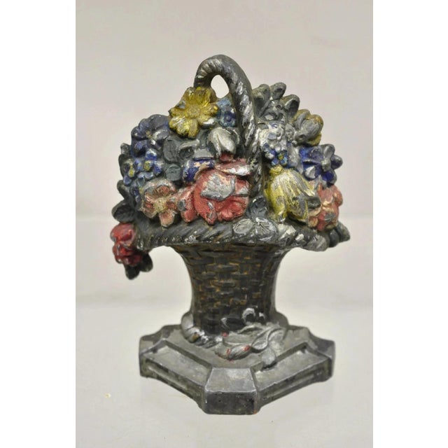 Antique Victorian Cast Iron Small Painted Floral Bouquet Basket Door Stop For Sale - Image 9 of 9