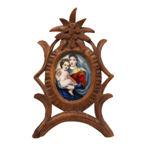 19th Century Madonna and Child, Small Porcelain Plaque, Wooden Frame, Germany
