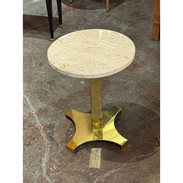 Modern Pair of Italian MCM Brass and Travertine Side Tables For Sale - Image 3 of 7