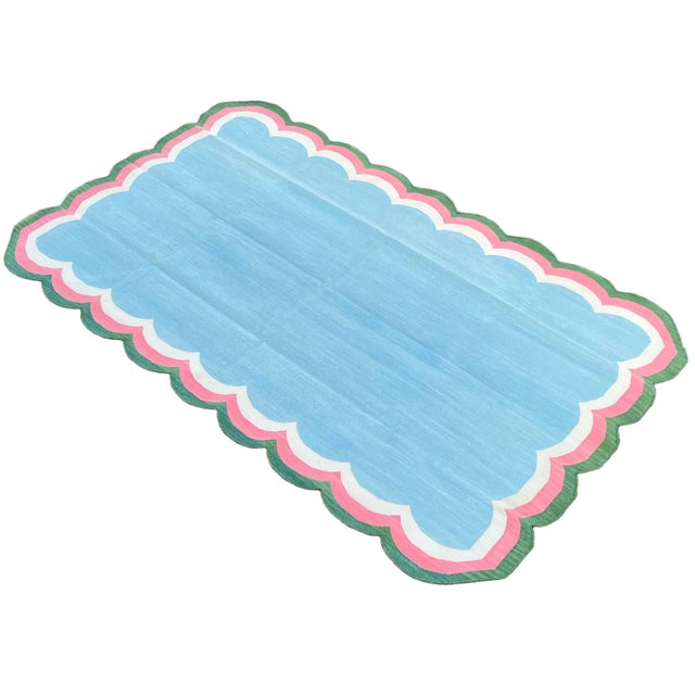 Handmade Cotton Area Scalloped Rug Sky Blue, Cream, Pink and Forest Green Border Dhurrie - 10'x14' For Sale - Image 11 of 11