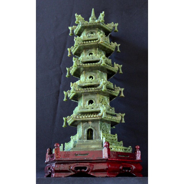 Wood Vintage Chinese Jade Pagoda Sculpture – Hand-Carved Multi-Tier Celadon Green Temple Tower, Asian Feng Shui Decorative Stone Figurine on Red Wood Stand For Sale - Image 7 of 17