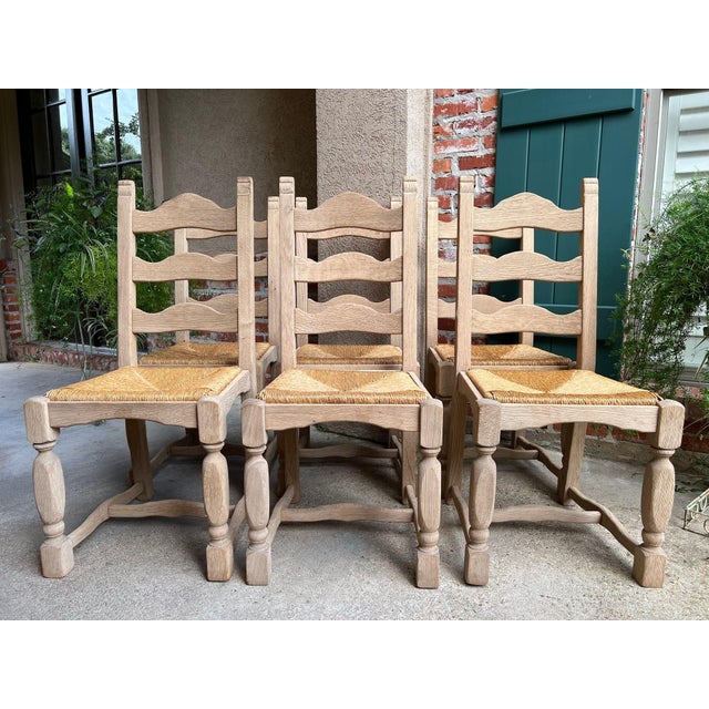 Farmhouse Set 6 Vintage French Ladder Back Dining Chairs Rush Seat Bleached Oak Farmhouse For Sale - Image 3 of 18