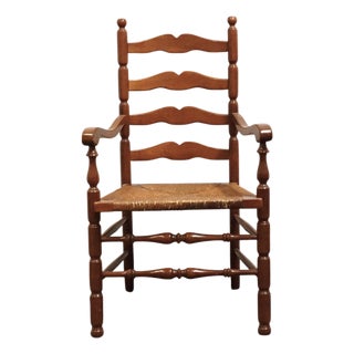 Statton Furniture Solid Hard Rock Maple Colonial Early American Ladder Back Dining Arm Chair W. Rush Seat For Sale