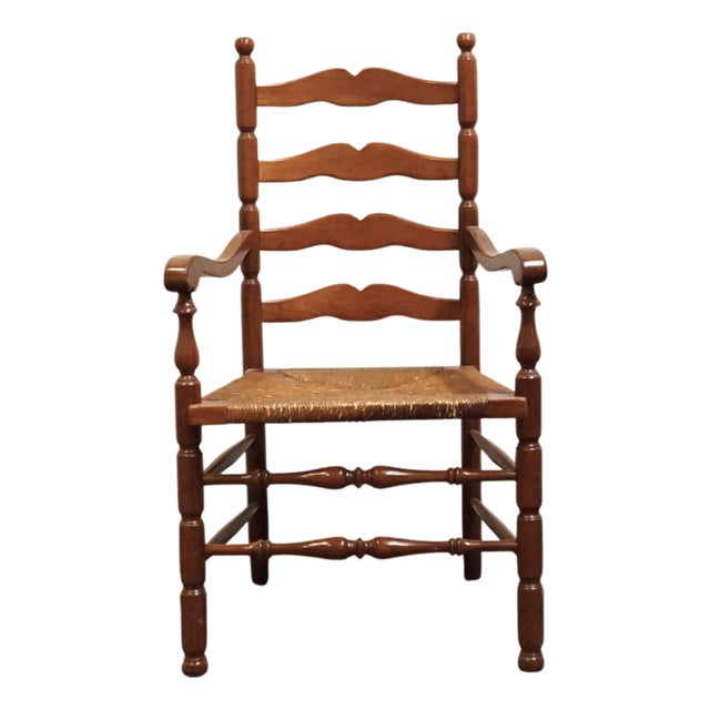 Statton Furniture Solid Hard Rock Maple Colonial Early American Ladder Back Dining Arm Chair W. Rush Seat For Sale