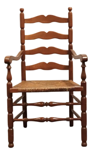 Statton Furniture Solid Hard Rock Maple Colonial Early American Ladder Back Dining Arm Chair W. Rush Seat