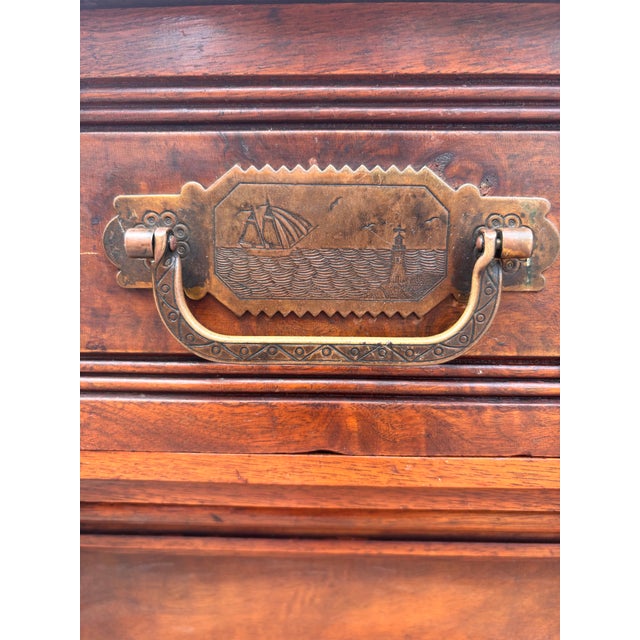 Antique American Black Walnut Burl Victorian Marble Top Dresser With Original Nautical Brass Hardware, Circa 1895–1905 For Sale - Image 9 of 12