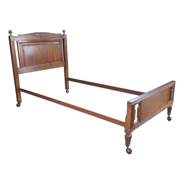 Mid Century Walnut Neoclassical Pierced Accent Twin Size Pineapple Post Bed For Sale