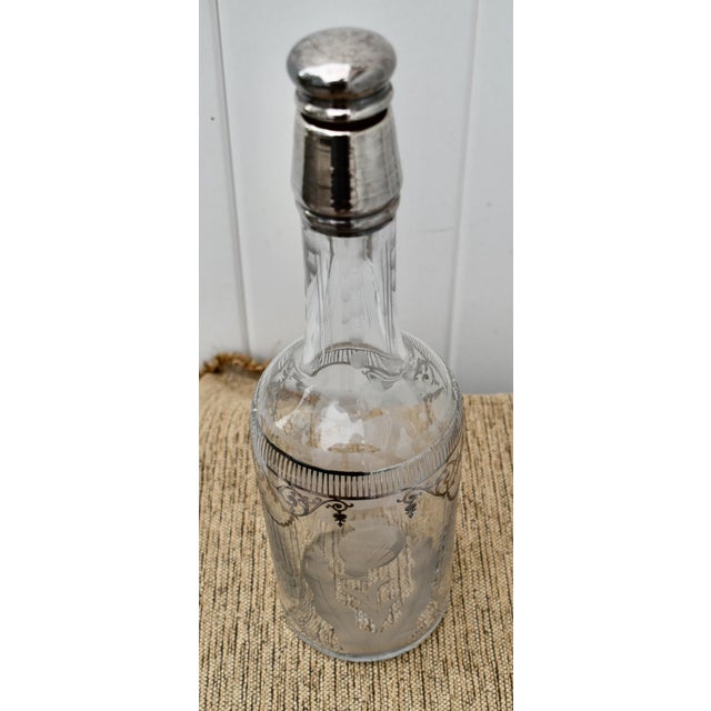 Transparent Vintage Art Nouveau Cut Etched Glass Bottle W/Stopper in Sterling Silver Overlay For Sale - Image 8 of 10