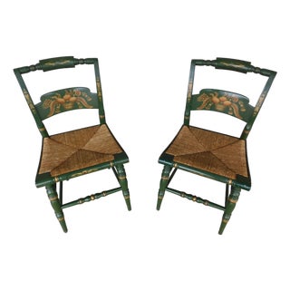 L Hitchcock Green Rush Bottom Stenciled Chairs - A Pair For Sale