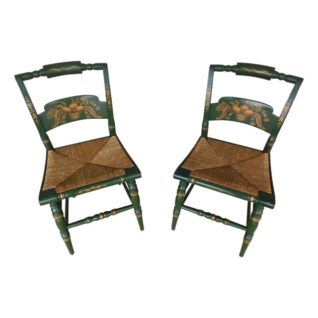 L Hitchcock Green Rush Bottom Stenciled Chairs - A Pair For Sale