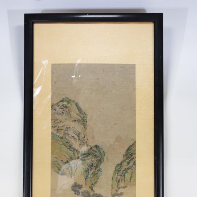 This elegant vintage Chinese painting depicts a refined garden pavilion scene set within a serene mountainous landscape,...