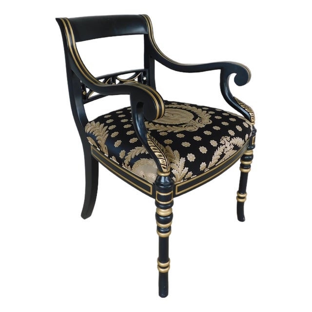 Hancock & Moore Regency Black Lacquer and Gilt Gold Accented Arm Chair For Sale