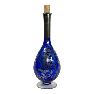 Mid-Century Art Nouveau Decanter Cobalt Blue Silver Overlay Glass Vase For Sale