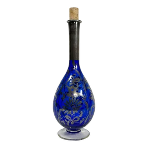 Mid-Century Art Nouveau Decanter Cobalt Blue Silver Overlay Glass Vase