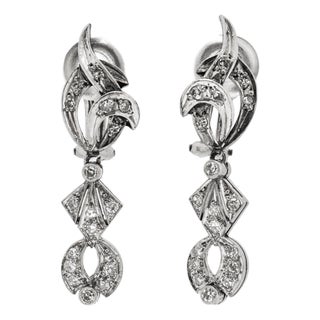 Antique Art Deco Mix Metal Gold Silver Palladium 0.65ct Diamond Dangle Earrings, Pair For Sale