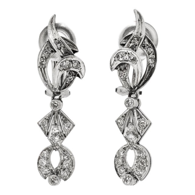 Antique Art Deco Mix Metal Gold Silver Palladium 0.65ct Diamond Dangle Earrings, Pair For Sale