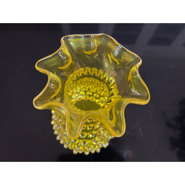 Italian 1950s Mid Century Italian Toscany Zena Empoli Glass Canary Vaseline Yellow Hobnail Vase - 9" For Sale - Image 3 of 4