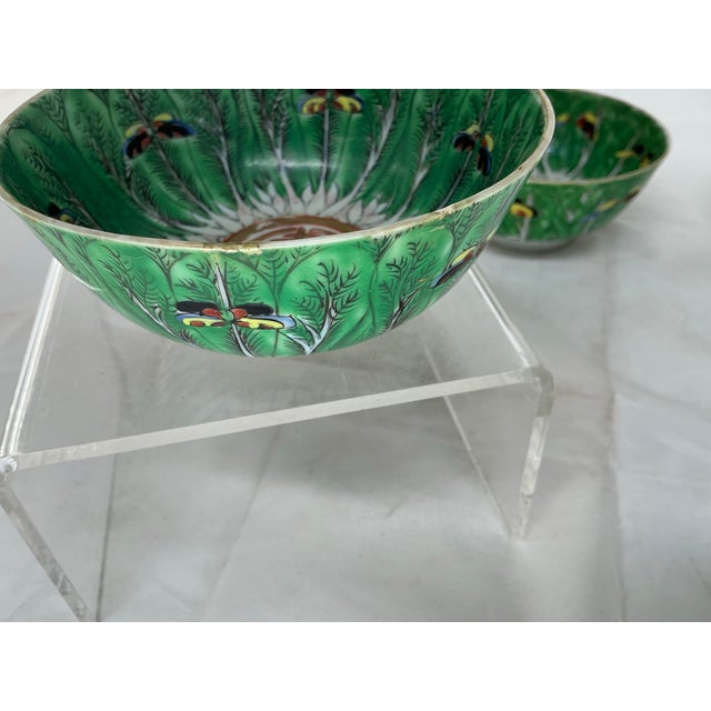 Set of 4 Antique Chinese Export Porcelain Famille Vert”box Choyleaf” Pattern Rice or Soup Bowls For Sale - Image 11 of 12