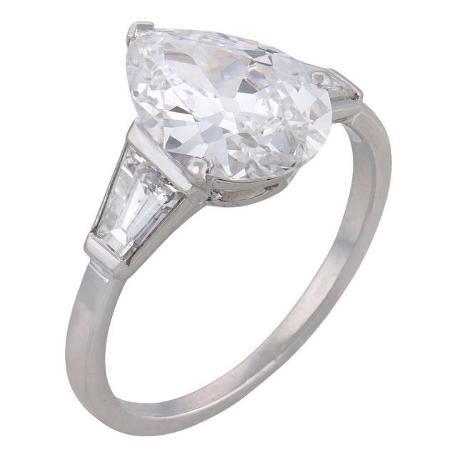 1950s French Gia 2.55 Carat Antique Pear Shape Diamond Platinum Engagement Ring, Size 7 For Sale