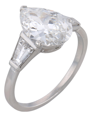 1950s French Gia 2.55 Carat Antique Pear Shape Diamond Platinum Engagement Ring, Size 7
