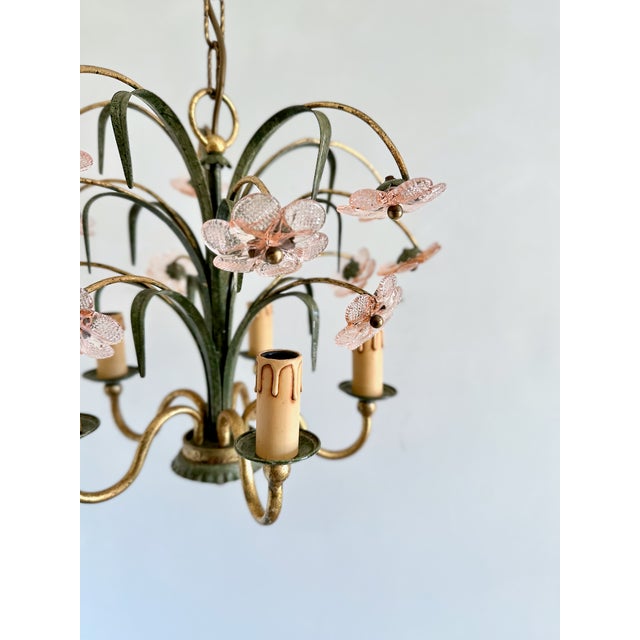 Italian Pink Glass Floral Chandelier with Gilt Tole Leaves from Banci Firenze, 1970s For Sale - Image 14 of 16
