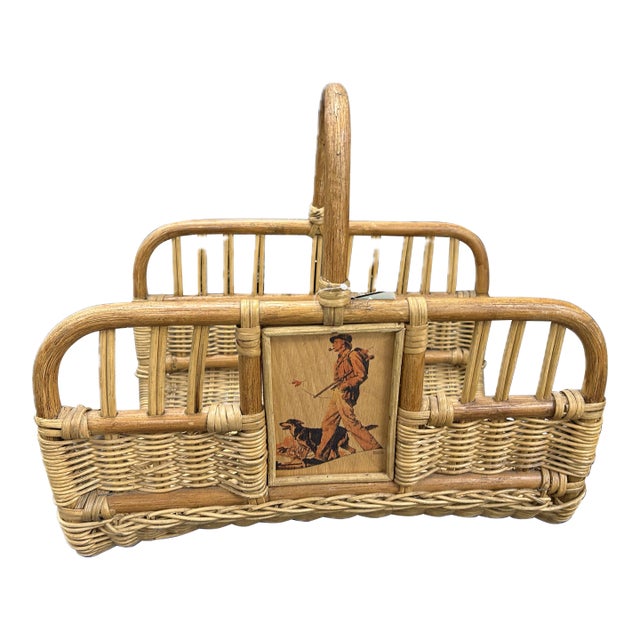 1970s Palecek Norman Rockwell Magazine Bamboo and Wicker Basket For Sale
