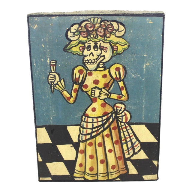 Vintage Mexican Day of the Dead Folk Art Painting For Sale