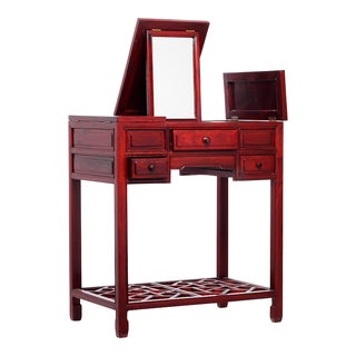 Red Lacquer Vanity Desk & Folding Mirror For Sale