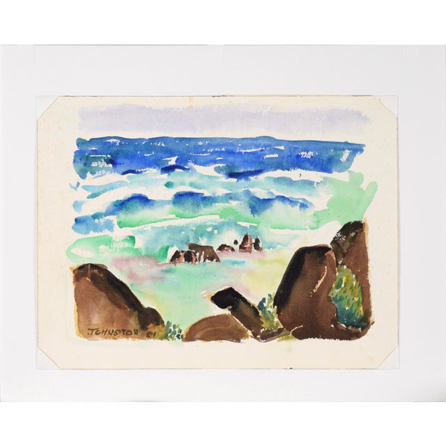 Modernist Rocky Seascape in Watercolor on Paper A vibrant watercolor seascape by California artist Lucile Marie Johnston...