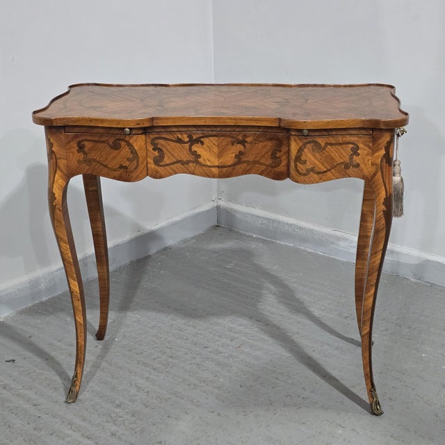 Super quality French marquetry writing table with single end drawer and pull out writing slide with red leather surface,...