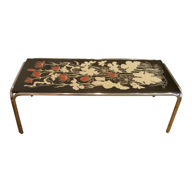 Vintage Floral Top Cocktail Table With Chrome Base, 1970's For Sale