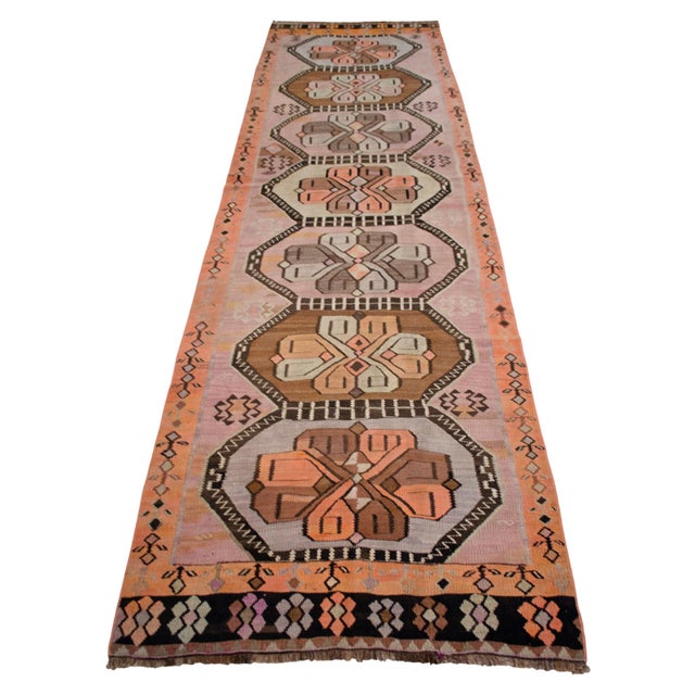 Vintage Turkish Handmade Runner Rug Tribal Design Kilim Organc Wool Hallway Rug Stair Runner - 3′6″ × 12′6″ For Sale - Image 4 of 11