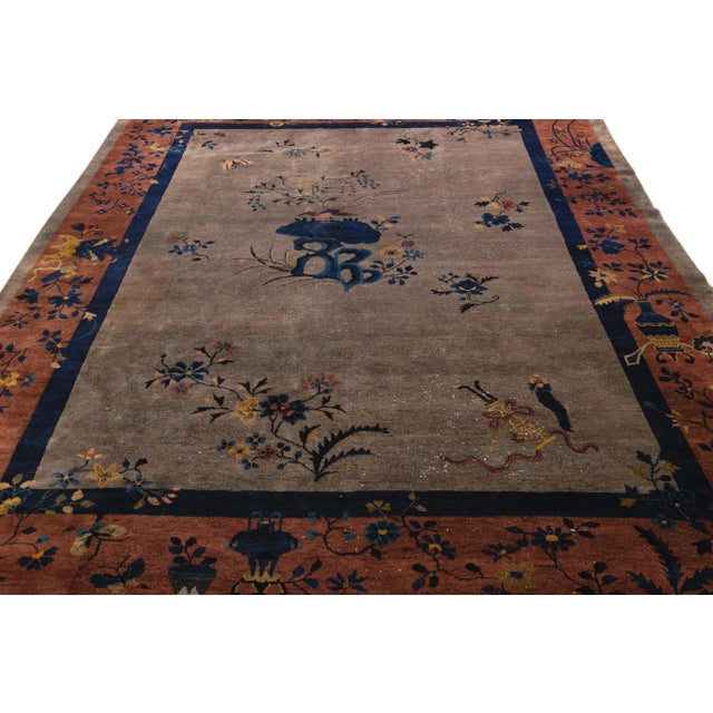 Art Deco Art Deco Handmade Floral Chinese Motif Wool Rug For Sale - Image 3 of 10