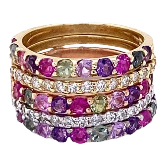 3.06 Carat Multi Color Sapphire and Diamond Stackable Gold Bands, Size 6 For Sale