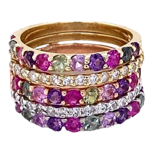 3.06 Carat Multi Color Sapphire and Diamond Stackable Gold Bands, Size 6