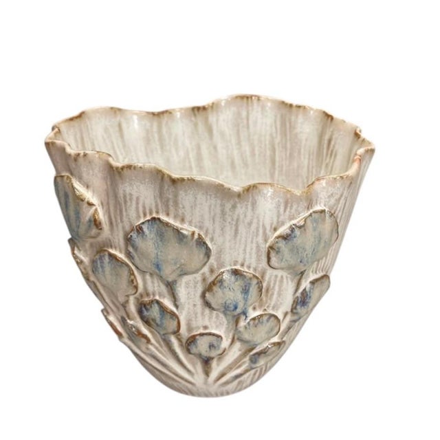 Off-white Italian Hand-Crafted Ceramic Floral Relief Planter For Sale - Image 8 of 12