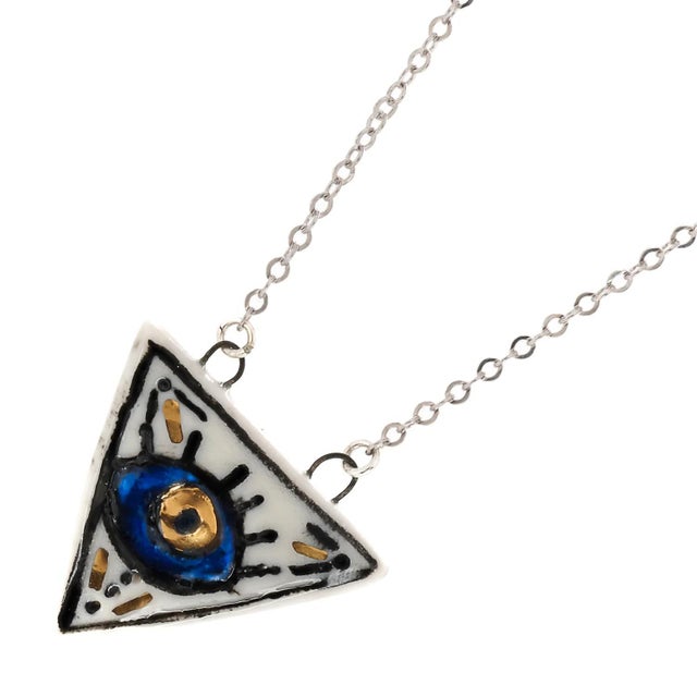Silver Talisman Evil Eye Hand Painted Silver Charm Necklace For Sale - Image 8 of 11