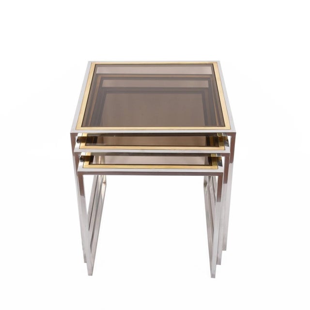 Mid-Century Italian Chrome, Brass and Smoked Glass Nesting Tables, 1970s, Set of 3 For Sale - Image 4 of 14