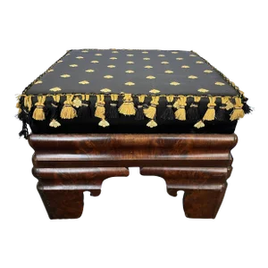 Early 1900's Mahogany Empire Style Ottoman With Bee and Tassel Upholstery